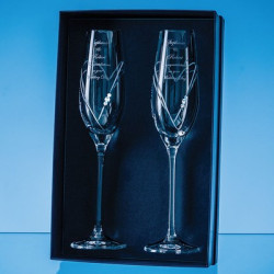 2 Diamante Champagne Flutes with Heart Shaped Cutting in an attractive Gift Box
