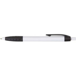 Plastic ballpen with a black clip and rubber grip