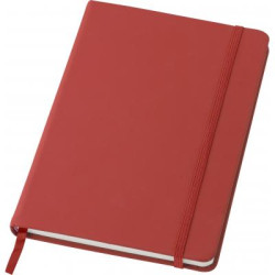 PU notebook, approximately A5. With 96 blank pages, an elastic strap for closing and a ribbon bookmark.