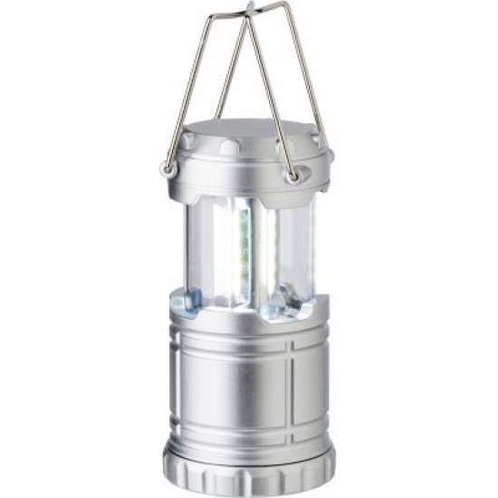 ABS retractable camp light with three COB light strips. The light has metal holders on either side. Batteries included.